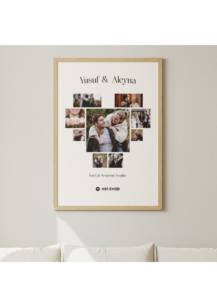 Kalp Şeklinde 9 Fotoğraflı Spotify Temalı Poster | Kişiye Özel Tasarım ve Şarkı Kodu ile