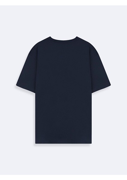 Erkek Basıc Baskılı Sıfır Yaka Loose Lacivert T-shırt fiyatları
