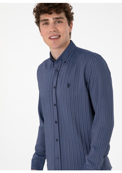 Slim Fit Gömlek Yaka Lacivert Erkek Gömlek Lake modelleri