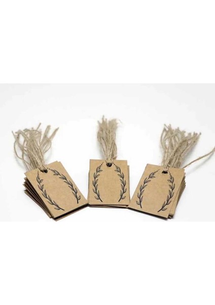 Kraft Etiketi / Jüt (Hasır) Ipli Yaprak Baskılı 30 Adet Etiket (4x6 Cm)