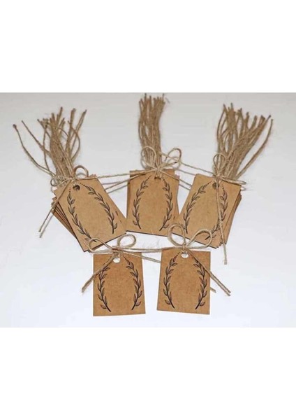 Kraft Etiketi / Jüt (Hasır) Ipli Yaprak Baskılı 30 Adet Etiket (4x6 Cm)