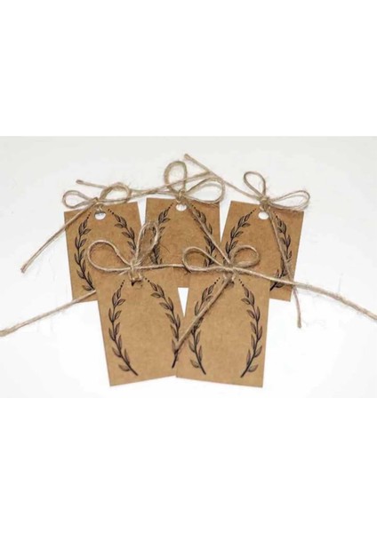 Kraft Etiketi / Jüt (Hasır) Ipli Yaprak Baskılı 30 Adet Etiket (4x6 Cm)