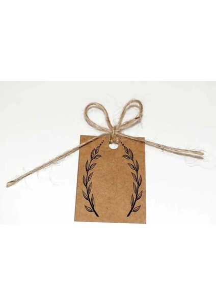 Kraft Etiketi / Jüt (Hasır) Ipli Yaprak Baskılı 30 Adet Etiket (4x6 Cm)