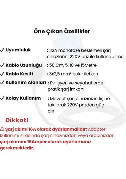 7,4kW Elektrikli Araç Şarj Cihazı Dönüştürücü Adaptör 32A, 50cm, 3x32A Monofaze Beslemeli Şarj Cihazlarınızı 220V Ev Tipi Priz ile Çalıştırmanızı Sağlar.