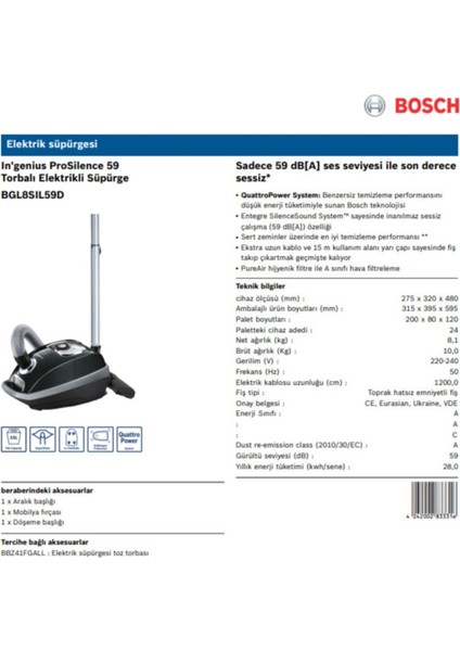 BGL8SIL59D In'genius Prosilence 59 Toz Torbalı Elektrikli Süpürge