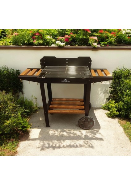 Tekerlekli Mangal, Ahşap Sehpalı/Raflı Barbekü S Model