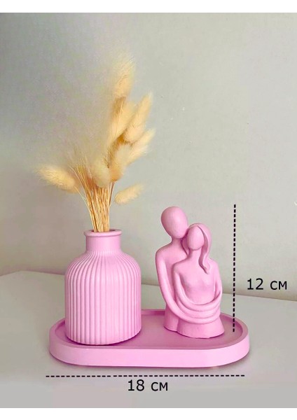 Toz Pembe Sarılan Sevgililer, Vazo ve Beton Tepsi Seti