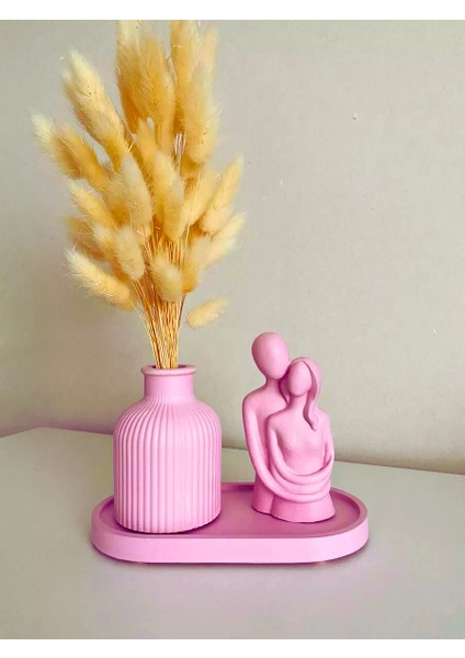 Toz Pembe Sarılan Sevgililer, Vazo ve Beton Tepsi Seti