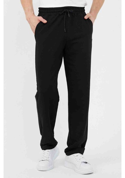 Pamuklu Regular Kesim Bağcıklı Erkek Siyah Eşofman Altı Cepli Spor Pantolon