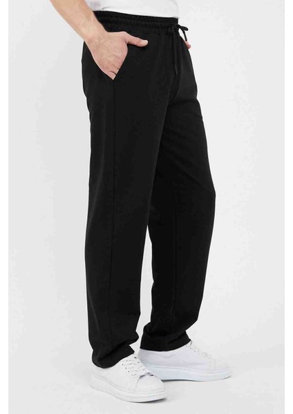 Pamuklu Regular Kesim Bağcıklı Erkek Siyah Eşofman Altı Cepli Spor Pantolon