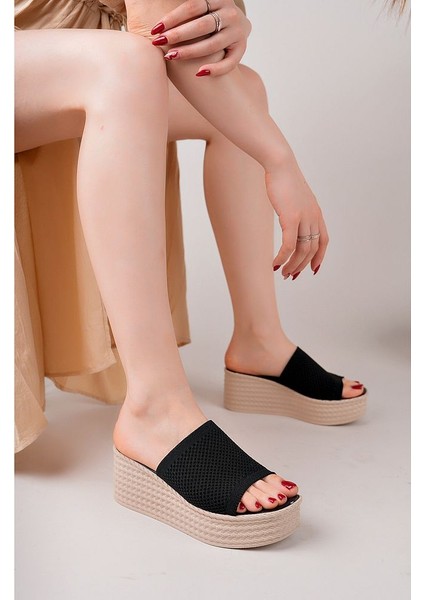 Siyah Kadın Yüksek Topuklu Hasır Terlik