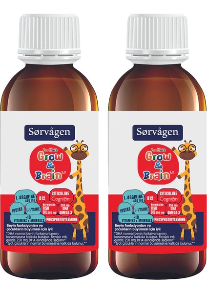 Grow&brain L-Arjinin, Sitikolin, Fosfatidilserin, Dha Omega 3, B12, L- Lizin, Multi Vitamin x 2ADET