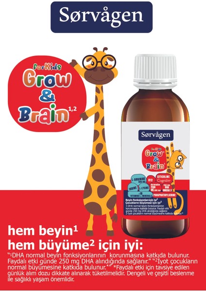 Grow&brain L-Arjinin, Sitikolin, Fosfatidilserin, Dha Omega 3, B12, L- Lizin, Multi Vitamin x 2ADET