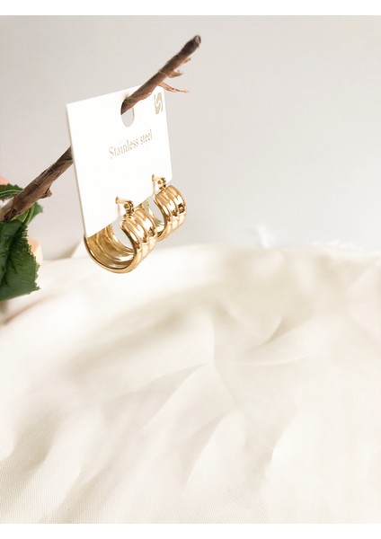 3 Lü Bitişik Halka Detaylı Gold Paslanmaz Çelik Halka Küpe fiyatları