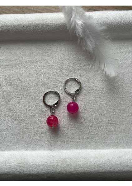 8 mm Pembe Akik Taşı Gümüş Kaplama Halka Küpe