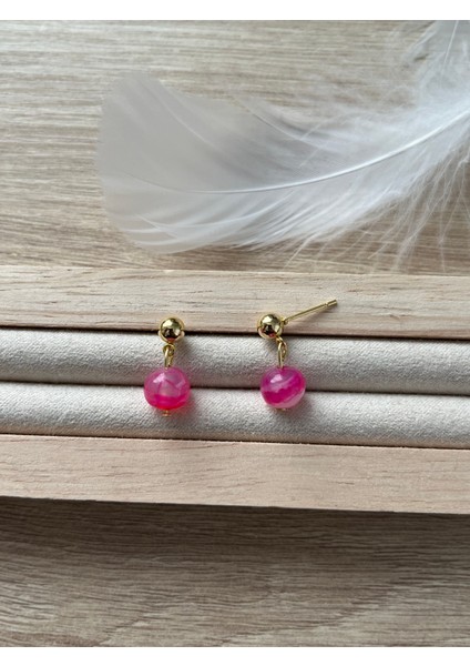 8 mm Pembe Akik Taşı Altın Kaplama Top Küpe