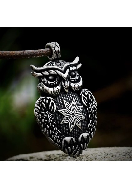 Voyageaccessory Paslanmaz Çelik Viking Mitoloji Zeka Simge Baykuş Kolye / 60 cm Zincirli