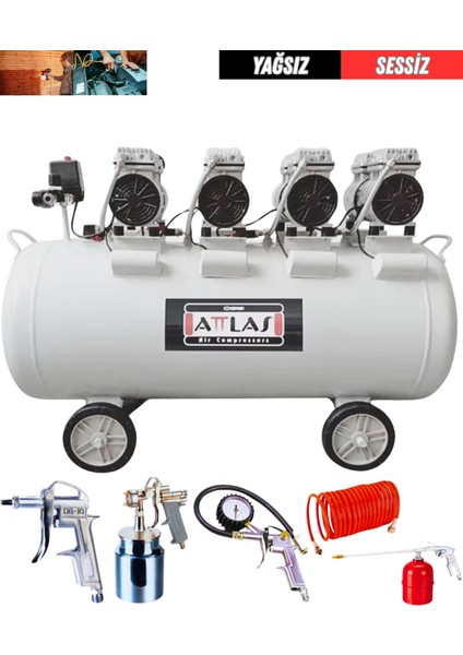 200 Litre Yağsız Sessiz Kompresör 4 HP Monofaze + 5 Parça Havalı Set | Profesyonel Kullanım