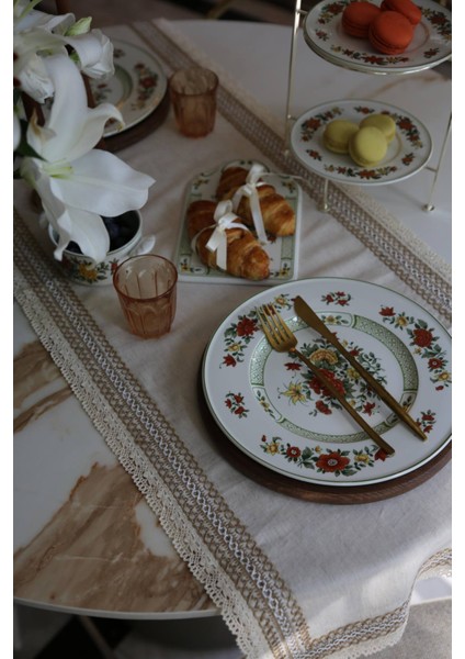 Beige Keten Runner Dantelli