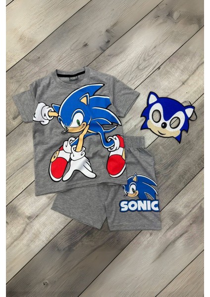 Baskılı Tişört Şort ve Sonic Maskeli Gri Renk Çocuk Takım