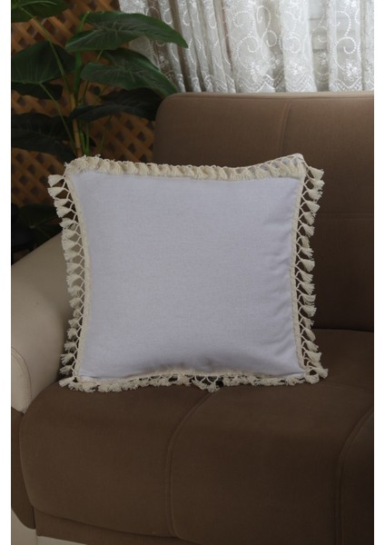 Keten Beyaz Ponponlu Kırlent Kırlent Kılıfı 43 x 43