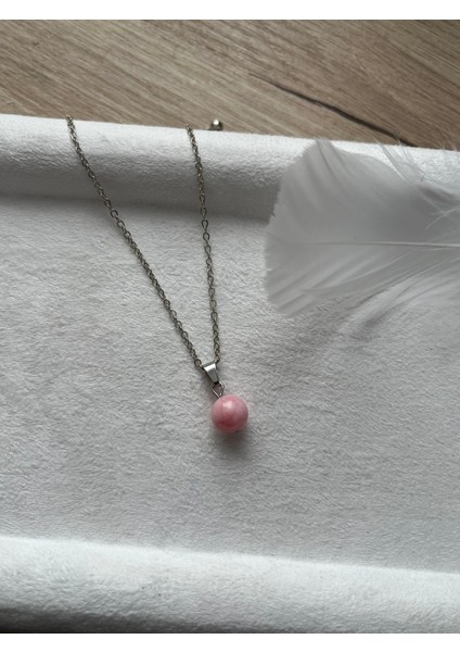 8 mm Pembe Opal Taşı Gümüş Kaplama Kolye