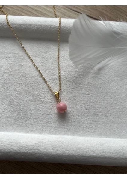 8 mm Pembe Opal Taşı Altın Kaplama Kolye