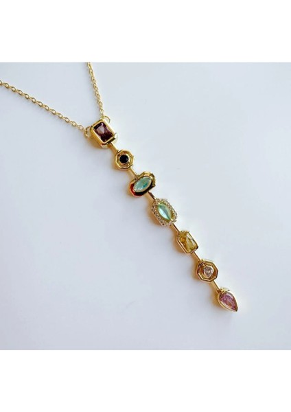 Çelik 316 L Kararmaz Zirkon Renkli Taşlı Trend Kadın Y Lisa Kolye