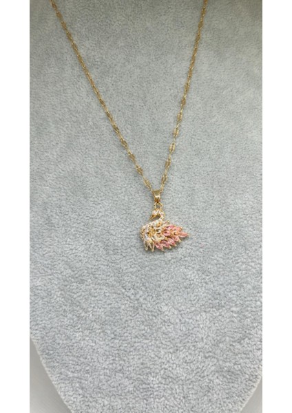 Çelik 316 L Kararmaz Zirkon Taşlı 45+5 cm Gold Zincir Kuğu Lu Kadın Çelik Kolye