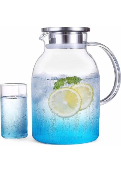 Borosilikat Cam Sürahi 1800ML Isıya Dayanıklı Metal Kapaklı Bitki Çayı Demliği Meşrubat Su Sürahisi