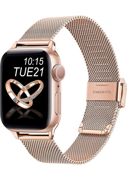 Buckle Milano Çelik Kordon, Apple Watch Series SE/10/9/8/7/6/5/4/3 46mm/45mm/44mm/42mm ile Uyumlu, Rose Gold