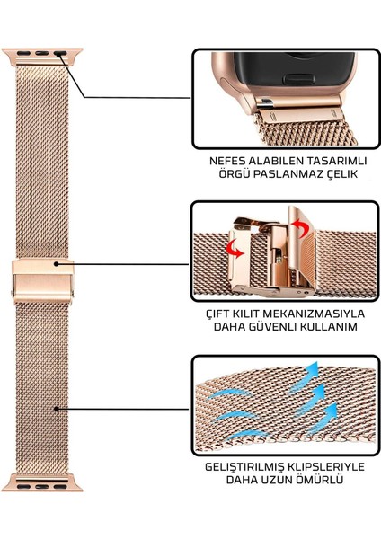 Buckle Milano Çelik Kordon, Apple Watch Series SE/10/9/8/7/6/5/4/3 46mm/45mm/44mm/42mm ile Uyumlu, Rose Gold