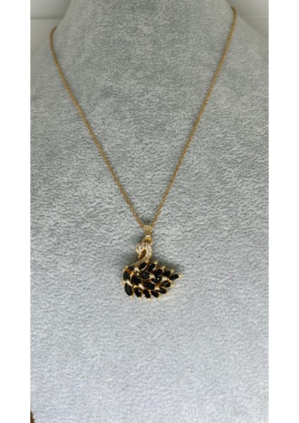 Çelik 316 L Kararmaz Zirkon Taşlı 45+5 cm Gold Zincir Kuğu Lu Kadın Çelik Kolye