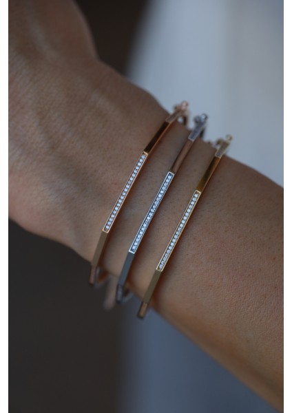 14 Ayar Altın Taş Detaylı Sarı, Rose ve Beyaz Üçlü Beşgen Kelepçe