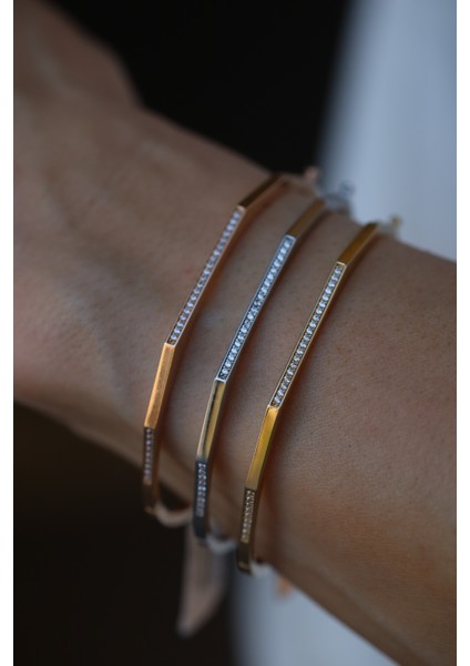 14 Ayar Altın Taş Detaylı Sarı, Rose ve Beyaz Üçlü Beşgen Kelepçe fiyatları