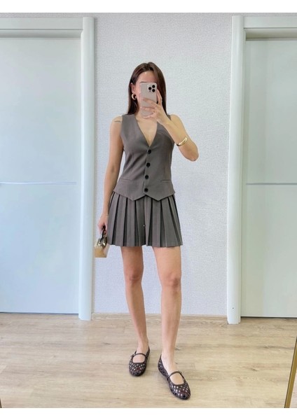 Takım Görünümlu Yelekli Mini Elbise- Füme fırsatları