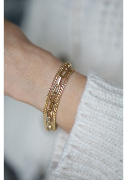 14 Ayar Altın Gurmet ve Ataç Üçlü Zincir Tasarım Bileklik