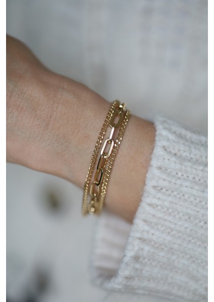 14 Ayar Altın Gurmet ve Ataç Üçlü Zincir Tasarım Bileklik fiyatları