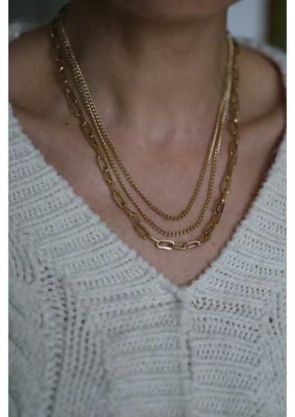 14 Ayar Altın Gurmet ve Ataç Üçlü Zincir Tasarım Kolye