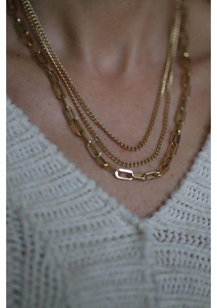 14 Ayar Altın Gurmet ve Ataç Üçlü Zincir Tasarım Kolye modelleri