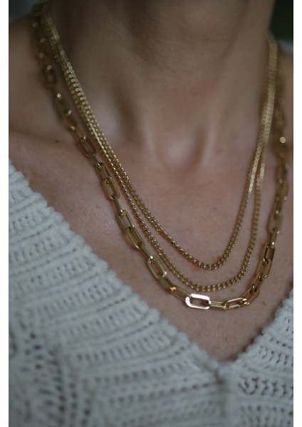 14 Ayar Altın Gurmet ve Ataç Üçlü Zincir Tasarım Kolye fırsatları