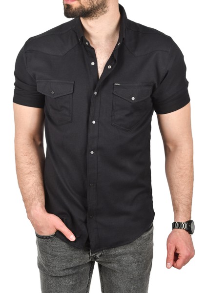 Slim Fit Pamuklu Kot Gömlek Kolay Ütülenebilir Çıt Çıtlı Likralı Spor Gömlek 2502504