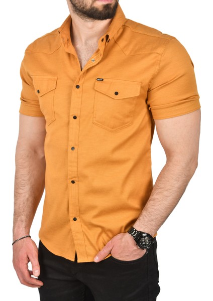 Slim Fit Pamuklu Kot Gömlek Kolay Ütülenebilir Çıt Çıtlı Likralı Spor Gömlek 2502504
