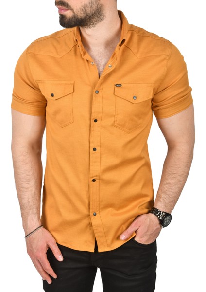 Slim Fit Pamuklu Kot Gömlek Kolay Ütülenebilir Çıt Çıtlı Likralı Spor Gömlek 2502504