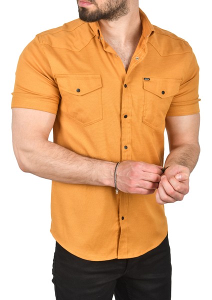 Slim Fit Pamuklu Kot Gömlek Kolay Ütülenebilir Çıt Çıtlı Likralı Spor Gömlek 2502504