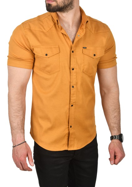Slim Fit Pamuklu Kot Gömlek Kolay Ütülenebilir Çıt Çıtlı Likralı Spor Gömlek 2502504