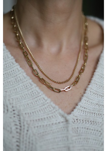 14 Ayar Altın Gurmet ve Ataç Çift Zincir Tasarım Kolye