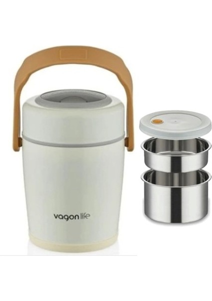 Lunchbox Çelik Beslenme Kabı 3 Kat 1600 ml Yemek Kabı Beyaz