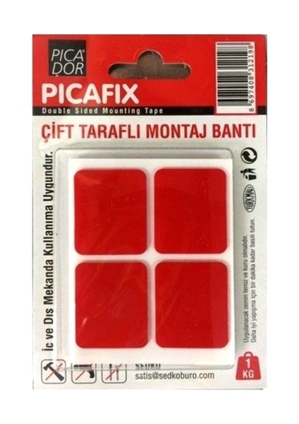 Picafix Çift Taraflı Montaj Bantıkare Kırmızı - 2 Adet