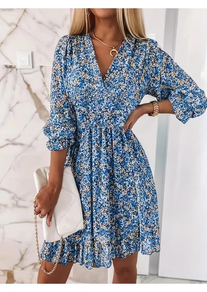 Kadın Fakir Kol Kruvaze Yakalı Beli Lastikli Çiçek Desenli Süprem Elbise